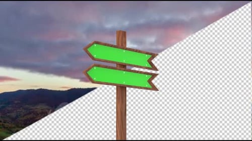 3D Wooden Signpost with Green Screen Arrows Rotation