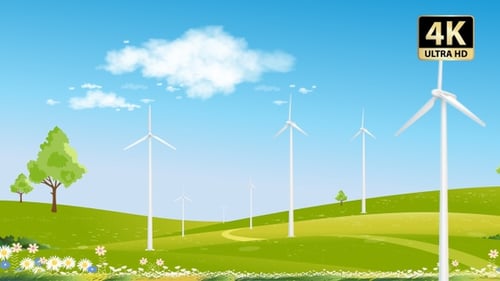 Animated Green Hills Landscape with Renewable Energy Wind Turbines