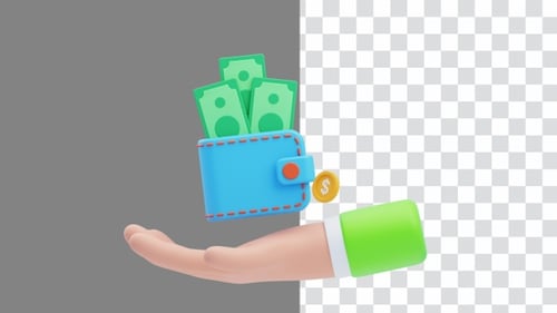 Modern 3D Hand Revealing Wallet and Cash Animation