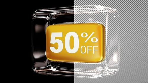 Glass cube with discount text - 50 percent off, Alpha Channel, Looped, Gold Plate, Exclusive