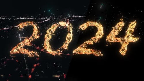 Fiery Countdown to 2024 with Dynamic Spark Particles and Fireworks
