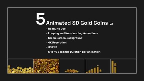 5 Animated 3D Gold Coins Pack Animation with Green Screen Background.