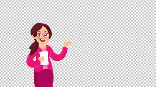 Animated Cartoon Woman Explaining and Presenting in Flat Design Style