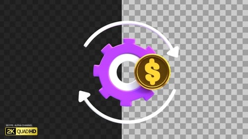 3D Gear and Dollar Coin for Financial Cycle | Alpha Channel