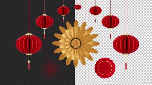 Animated Red Lanterns and Golden Flower for Chinese New Year