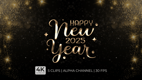 Sparkling Happy New Year 2025 Title Animation with Alpha Channel