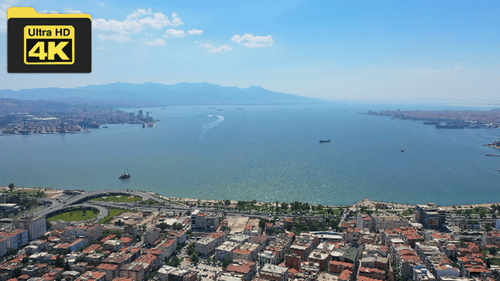 aerial view of izmir city and izmir bay with drone