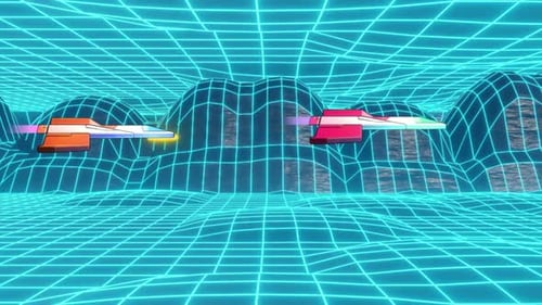 Retro Futuristic Spaceships Flying Over Neon Grid Landscape