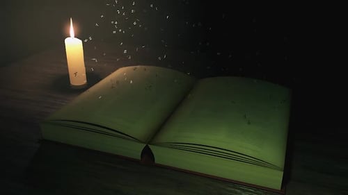 Enchanted Book with Floating Alphabet Letters and Candle