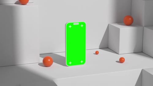 Phone Green Screen Mockup in Geometric Minimal Scene with Orange Balls
