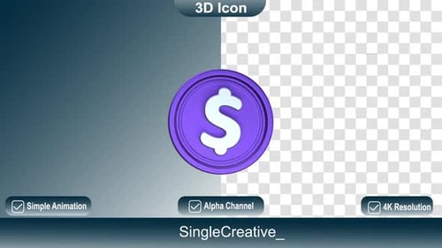 Rotating 3D Dollar Coin Icon with Alpha Channel