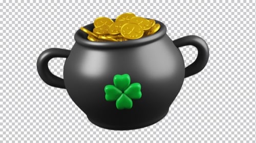 Rotating pot with gold coins, 3d animation in cartoon style