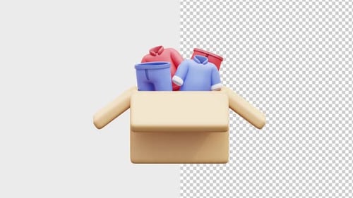 Animación 3D de ropa empacada en caja