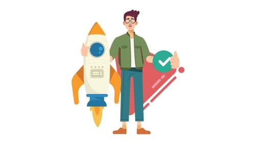Flat Design Animation of Man with Rocket Launch and Success Checkmark
