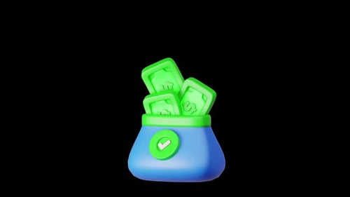 Animated 3D Money Bag with Green Checkmark and Bills