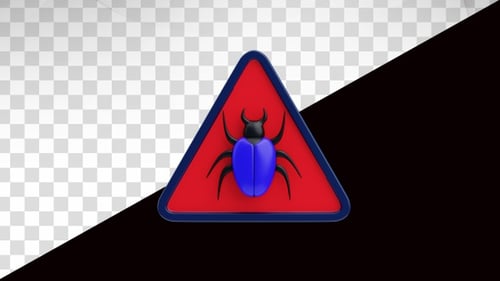 Animación 3D de la señal de advertencia de virus con el símbolo de error azul