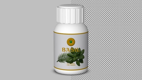 Basil in a bright white bottle spins smoothly on transparent background, perfect for food design