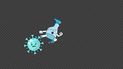 Hand Sanitizer Cartoon Character Kicking Virus Bacteria Animation