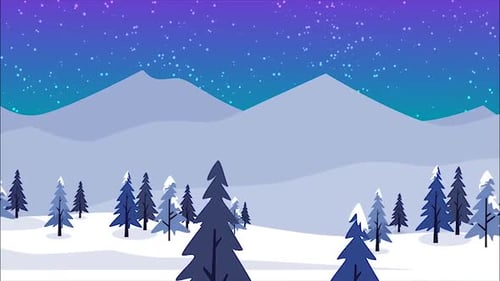Animated Winter Landscape with Snowy Mountains and Fir Trees