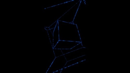 Vídeo vertical: cubos de neón azules, estructura alámbrica que gira en un bucle continuo