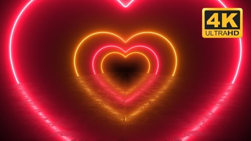 Neon Heart Tunnel Valentine's Day Romantic Background. Red and Yellow Hearts
