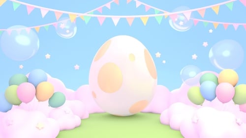 Cute Bouncing Egg with Pastel Celebration Background