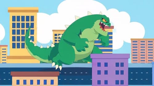 Cartoon Giant Godzilla Monster attacking the City, Dinosaur Creature Rampaging - Cartoon Animations