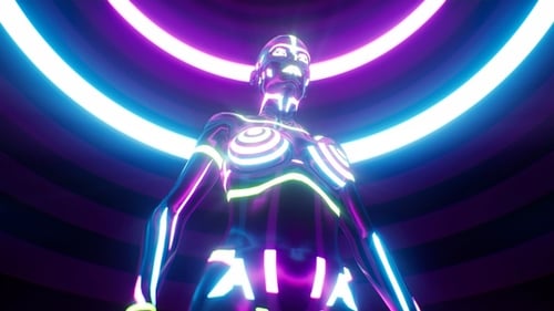 Glowing Neon Humanoid Rotating in Futuristic Abstract Space