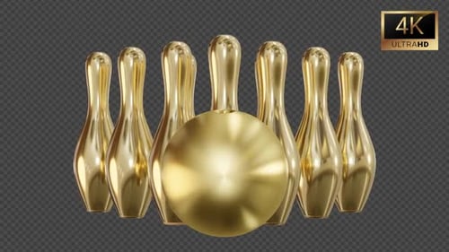 3D Golden Bowling Pins and Ball Rotating Animation