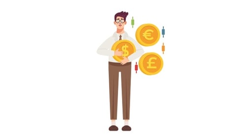 Man Holding Dollar Coin with Euro, Pound, and Candlestick Charts Animation