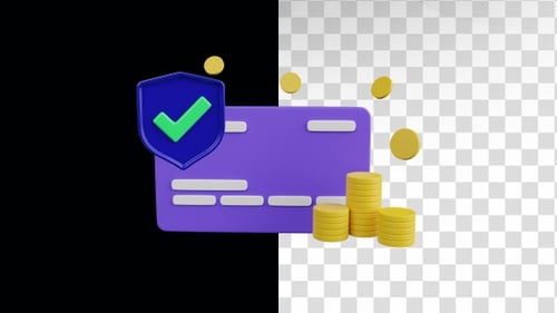 Animated 3D Credit Card with Security Shield and Stacks of Coins