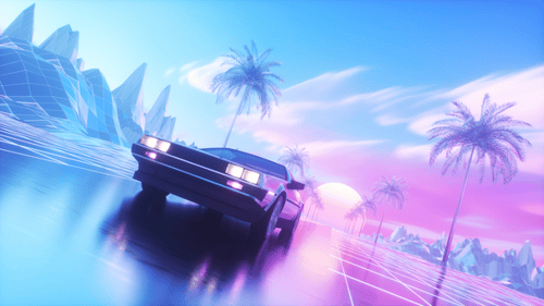 Riding Car And Landscape At Sunset Colorful Synth Wave Backdrop