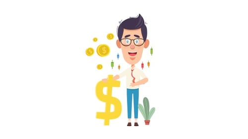 Animated Man with Dollar Sign and Financial Market Charts
