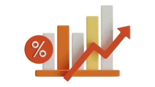 3D Bar Chart with Growth Arrow and Percentage Icon for Financial Analysis