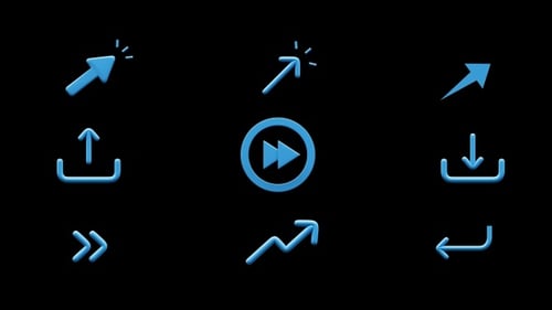 Ein Satz von neun blauen 3D-Pfeilsymbolen auf transparentem Hintergrund.