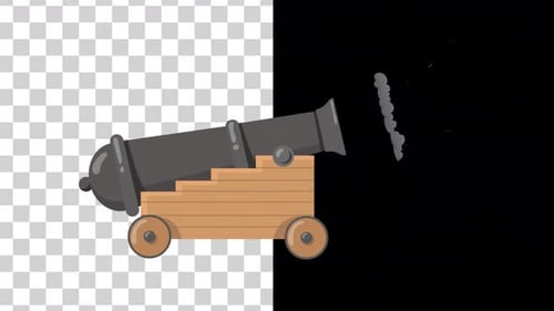 Animated Cartoon Cannon Firing with Muzzle Flash and Smoke