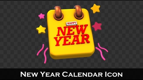 Animated 3D Happy New Year Calendar Icon with Stars