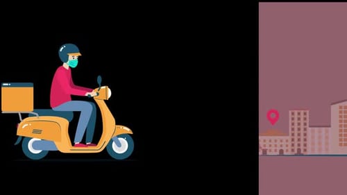 Masked Delivery Rider on Scooter in City Flat Design Animation