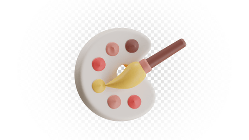 3D Rendering of Artist Palette with Paintbrush and Colorful Acrylic Paint Drops Isolated
