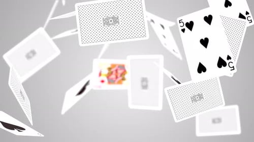 Loop-Animation fallende Spielkarten und Casino-Chips Weißer Lichtschatten Animation einer nahtlosen Schleife.