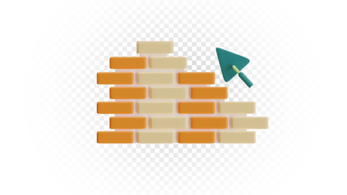 Ilustración 3D de una carretilla verde que transporta ladrillos para la construcción