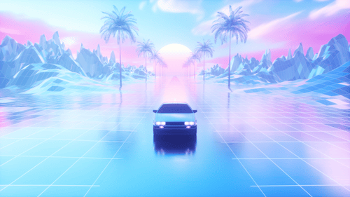 Riding Car And Landscape At Sunset Colorful Synth Wave Looped Backdrop