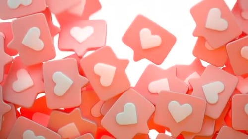 Hearts messages fall down and fill screen area. Transition for social media. 3d animation