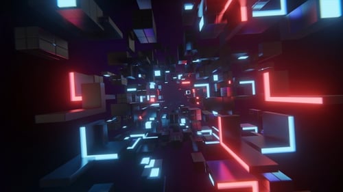 Futuristic Abstract Tunnel with Moving Neon Cubes