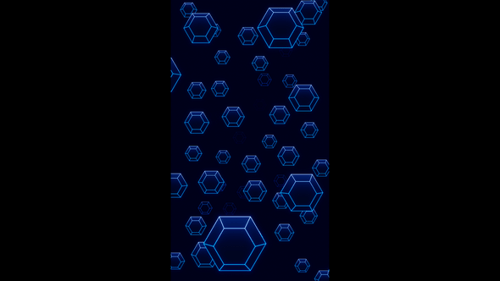 Fondo de animación de túnel de partículas hexagonales con brillo de neón azul de vídeo vertical