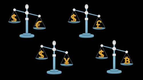 3D Animated Scales Comparing Global Currencies and Bitcoin