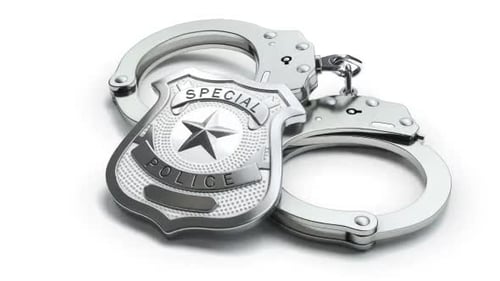 Police badge and handcuffs isolated on white background. 3d video animation