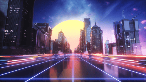 Futuristic City With Endless Road At Sunset Time Synth Wave Backdrop Loop