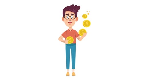Animated Cartoon Man Holding Floating Gold Coins