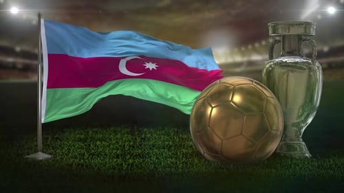 Azerbaijan Flag with Soccer Ball and Trophy in Sports Stadium